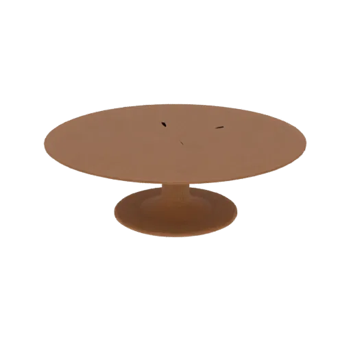 A 3D model of a mid-century modern pedestal cake stand with a smooth, rounded top and a flared base, rendered in a warm brown