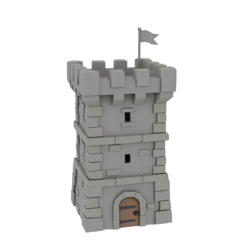 A gray, low-poly 3D model of a medieval tower with battlements, windows, a wooden door, and a flag on top, set against a whit