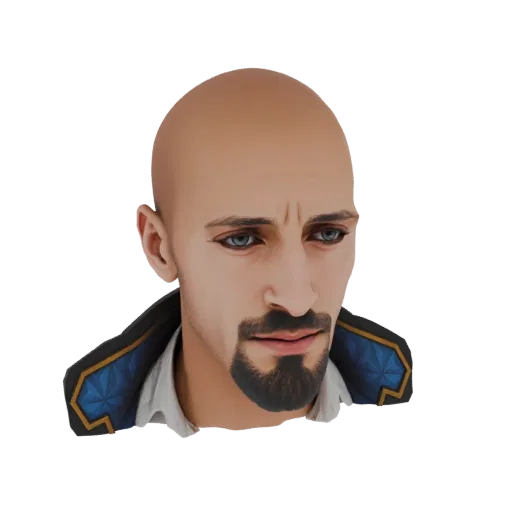 3D model render of a bald man with a goatee, blue eyes, and a detailed blue and gold jacket.