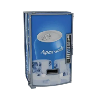 Modelo 3D de uma máquina de refrigerante retrô Apex com frente azul, gráficos de lata e cubos de gelo, sobre fundo branco.