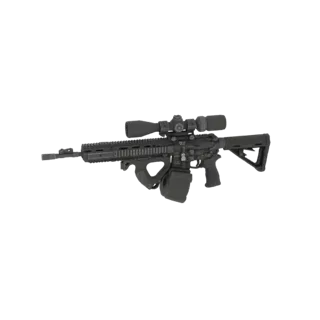Modelo 3D de um rifle de assalto tático preto com carregador de tambor e mira, visto de lado.