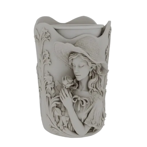 3D model of an Art Nouveau woman wearing a hat and holding a rose, integrated into a decorative vase with floral motifs.