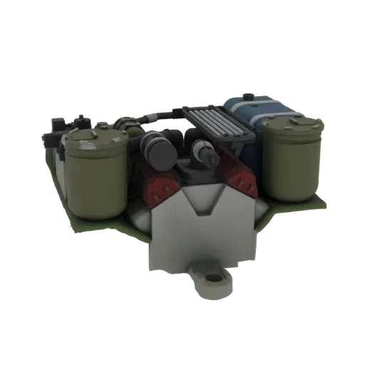 3D model of an industrial backpack with two olive-drab tanks, red and white armor plating, and a metal grate on top.