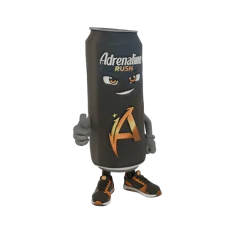 3D-Modell des Adrenaline Rush Energydrink-Dosen-Maskottchen-Charakters mit Daumen hoch.