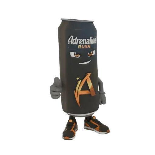 3D model of the Adrenaline Rush energy drink can mascot character giving a thumbs-up.