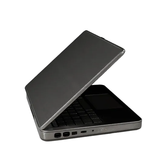 Business Convertible Notebook Realistic 3D model, three-quarter studio render, showing brushed metal, open lid angle.