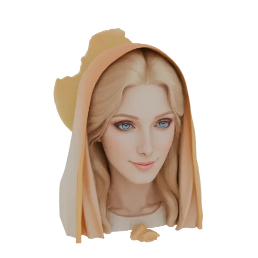 AI-generated 3D model of a serene blonde woman with blue eyes, wearing a draped garment and a soft halo.