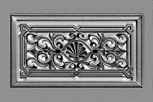 3D model of a baroque bas-relief with floral ornament and central shell, resembling an engraving