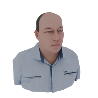 3D model render of a bald man wearing a light blue collared shirt with dark trim, looking slightly to the side.