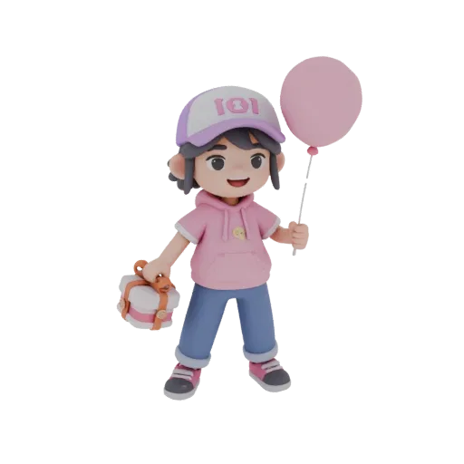 3D model of a girl in a pink hoodie holding a gift and a pink balloon, on a white background
