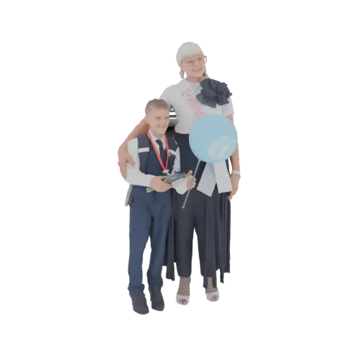 3D model of a smiling woman with her arm around a young boy, both looking forward and holding a light blue balloon.