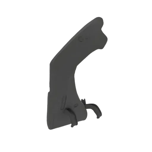 3D model of a futuristic curved bracket with a sleek, dark gray finish, presented against a black background.
