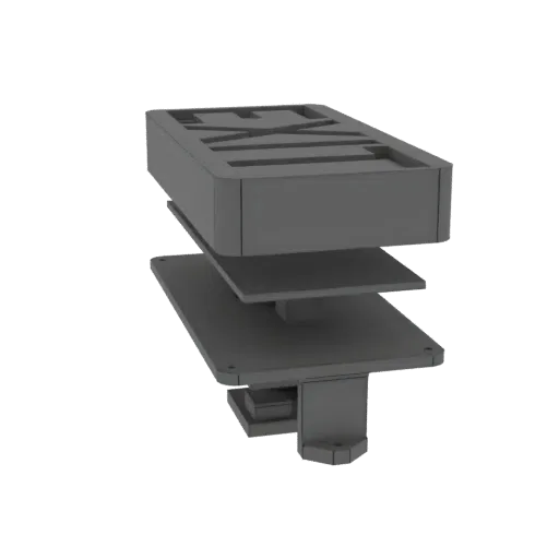 3D model render of a modular exit sign housing with 'EXIT' text cutout, shown in layered components against a black backgroun