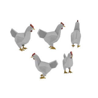 Un modello 3D di pollo bianco low poly mostrato da diverse angolazioni su sfondo nero.