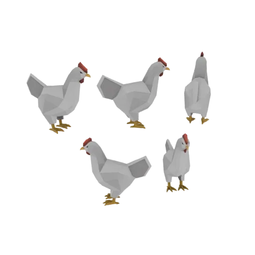 A low poly 3D model of a white chicken shown from multiple angles against a black background.