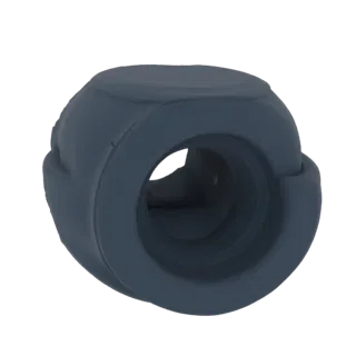 3D render of a dark gray abstract geometric connector with a central opening and interlocking parts.