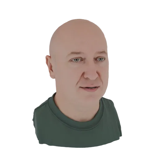 3D model render of a bald man's bust, wearing a green t-shirt, with realistic facial features and a neutral expression.