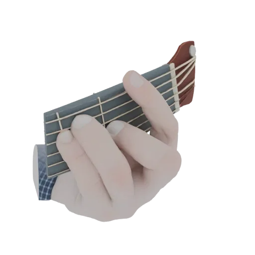 3D model of a human hand pressing down on guitar frets to form a chord, with visible strings and fretboard.