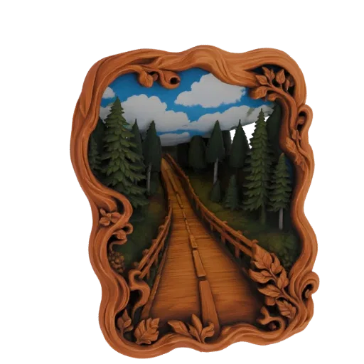3D model of a wooden bridge in an enchanted forest, framed by ornate wood-like carvings, with trees and a cloudy sky.