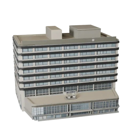 Business Center stylized 3D model, isometric stylized game environment view, showing commercial office building materials and architectural detail