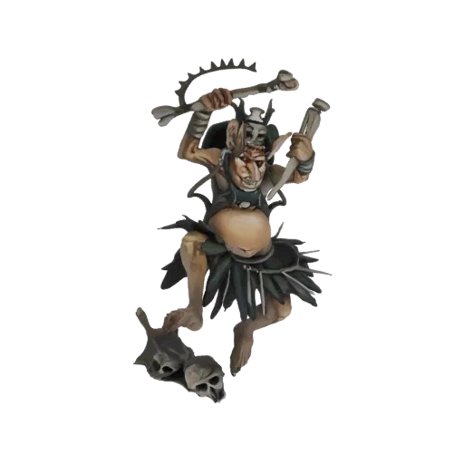 A 3D render of a grotesque goblin shaman with a large bone staff, dark tribal clothing, and a distended belly, standing on a