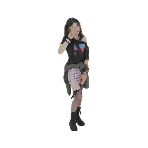 3D model of a goth girl with dark hair, wearing a black top, pink plaid skirt, and black boots, making a peace sign.