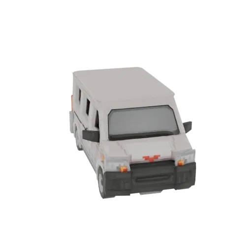 A 3D render of a white box van with a simple, blocky design, viewed from a slightly elevated front-right angle.