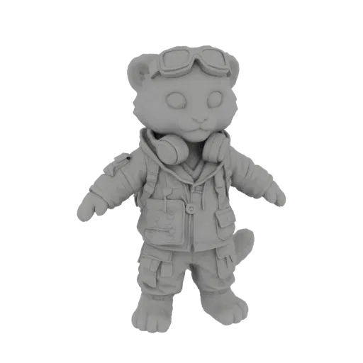 3D render of an anthropomorphic tiger character dressed as a pilot, wearing goggles and headphones, with a detailed flight ja