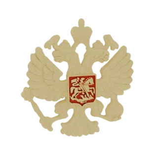 Modelo 3D do emblema da águia bicéfala russa com São Jorge a cavalo em escudo vermelho, renderizado em bege.