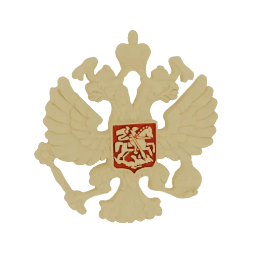 3D model of the Russian double-headed eagle emblem with St. George on horseback in a red shield, rendered in beige.