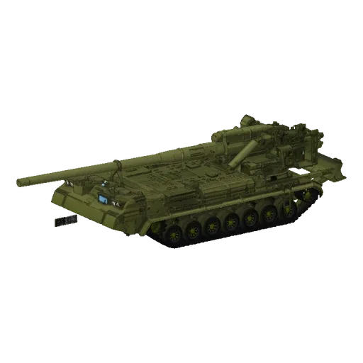 3D model of a green 2S19 Msta-S self-propelled howitzer with a long barrel and tracked chassis, viewed from a slight angle.