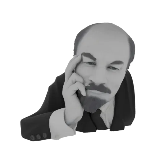 3D model of Vladimir Lenin in a pensive pose, with his hand on his forehead, rendered in grayscale.