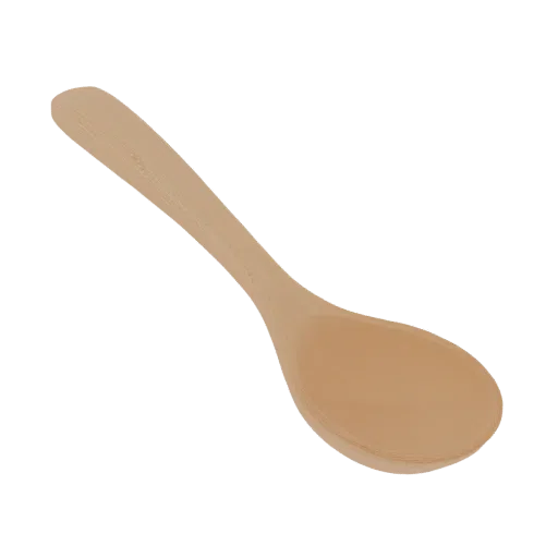 A realistic 3D model of a smooth, light-brown wooden spoon with a curved bowl and handle, isolated on a white background.