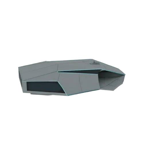 3D model of a futuristic geometric transport pod with sharp angles and illuminated blue trim, set against a black background.