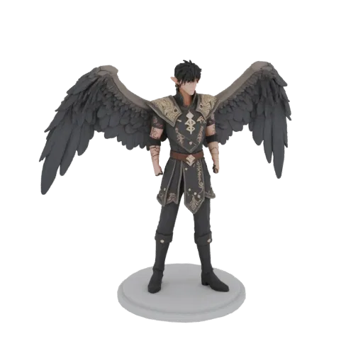 3D model of a fantasy character with black wings, dark tunic with gold pattern, standing on a round base