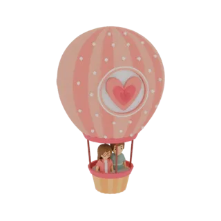 3D model of a couple in a pink hot air balloon with white polka dots and a heart emblem.