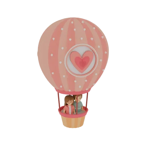 3D model of a couple in a pink hot air balloon with white polka dots and a heart emblem.