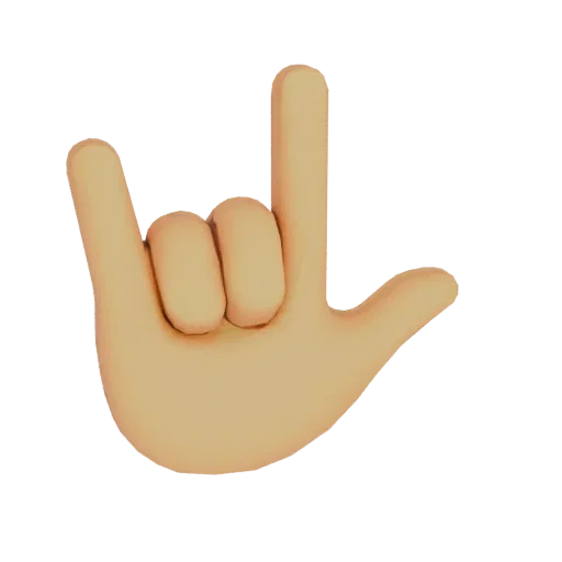 A 3D render of a light-skinned hand making the 'Rock On' gesture, with index and pinky fingers extended.