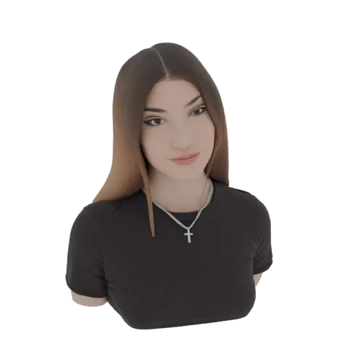 Modelo 3D de mujer joven con cabello ombré largo, camiseta negra y collar de cruz plateado, sobre fondo negro.