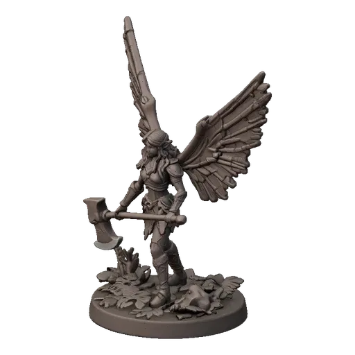 3D model of a forest warrior fairy with four butterfly wings and a double-bladed axe, standing on a forest base.