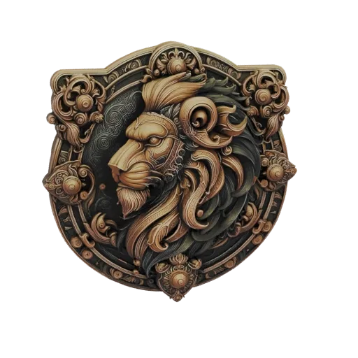 3D model of an ornate lion head emblem with intricate carvings and a shield-like frame, rendered in metallic gold and dark to
