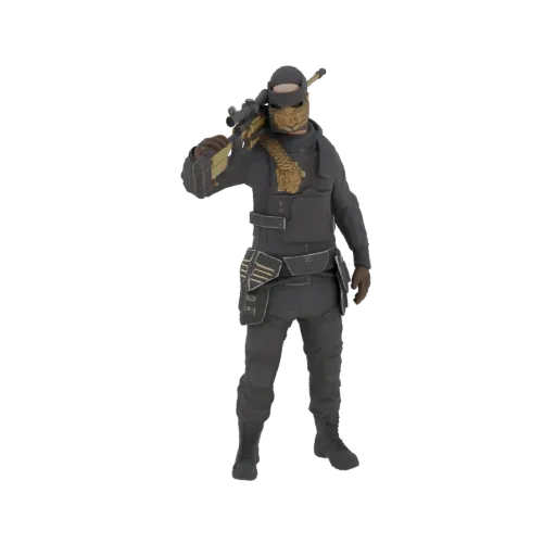3D model of a tactical soldier wearing dark gear and a golden mask, holding a sniper rifle.