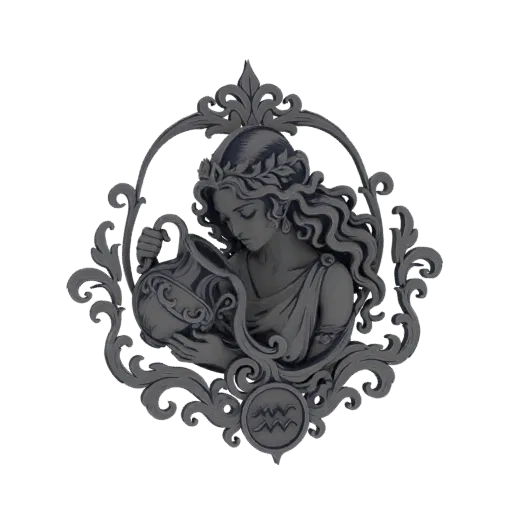 3D model of the Aquarius zodiac sign, featuring a woman pouring water from a jug within an ornate frame, with the Aquarius sy