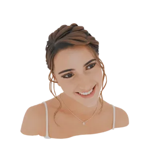 Modelo 3D de una mujer elegante con moño trenzado, sonriendo suavemente, luciendo un collar de diamantes.