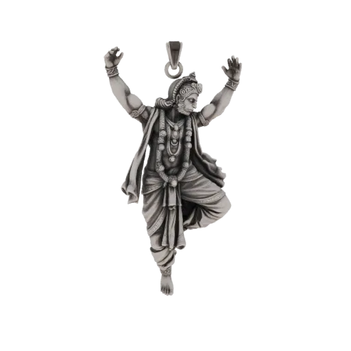 3D model of Lord Hanuman in a dynamic dancing pose, wearing ornate jewelry and a dhoti, with a loop for pendant attachment.