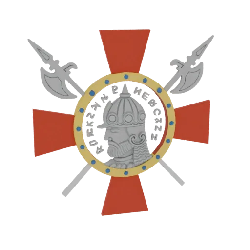 3D model of a Viking warrior medal with a profile bust, red cross, and crossed axes, set against a black background.