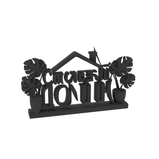 3D model of a 'Happy Home' sign in Cyrillic, with a house silhouette and potted plants, rendered in black.