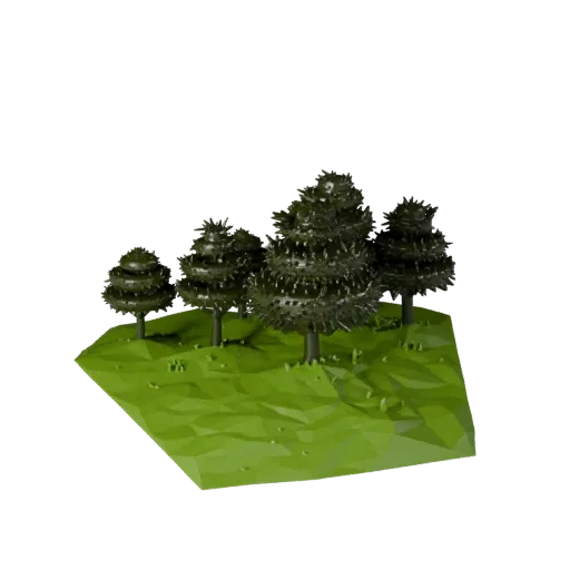 Temperate Forest Biome Low Poly 3D model, game viewport three-quarter view, showing terrain layers, terrain detail.