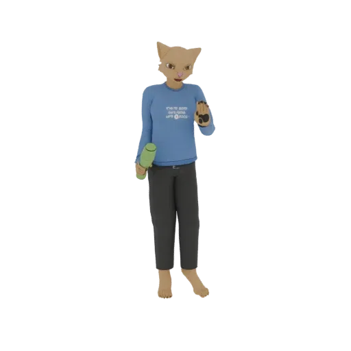 3D model of an anthropomorphic cat character wearing a blue shirt and dark pants, holding a green cylinder.