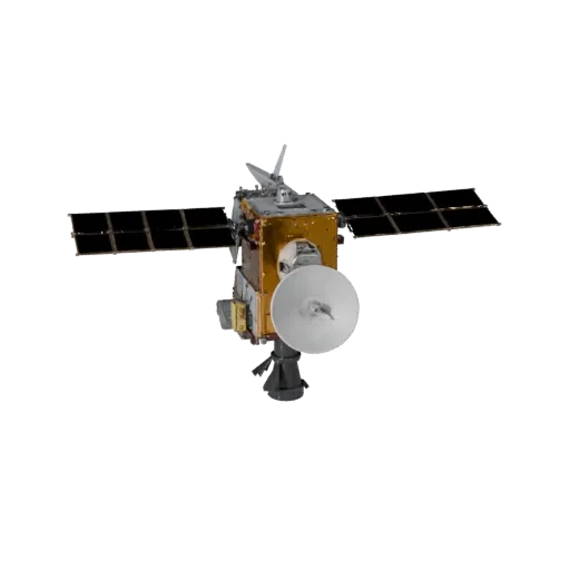 Research Satellite Realistic 3D model, three-quarter studio render, showing solar panels, spacecraft silhouette.